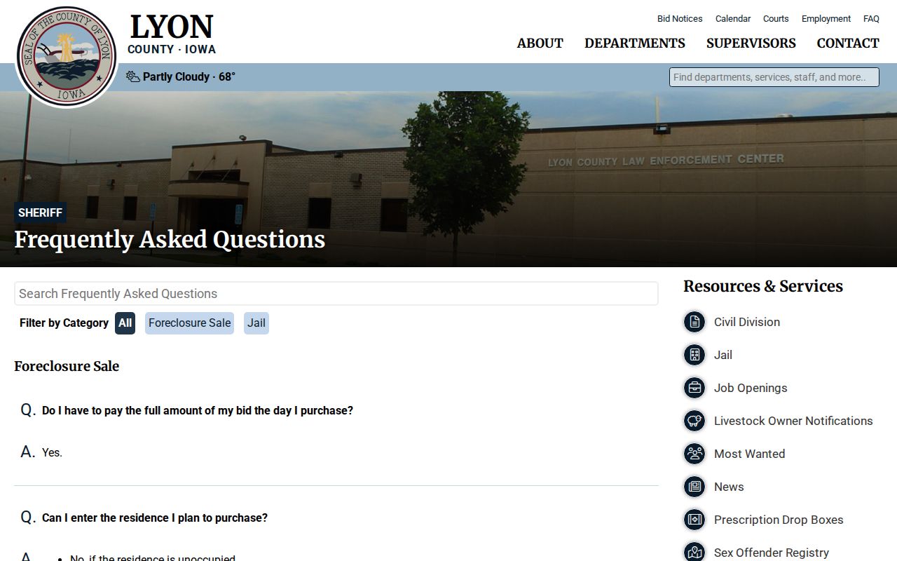 Lyon County Sheriff jail FAQ for Rock Rapids booking and fingerprint records